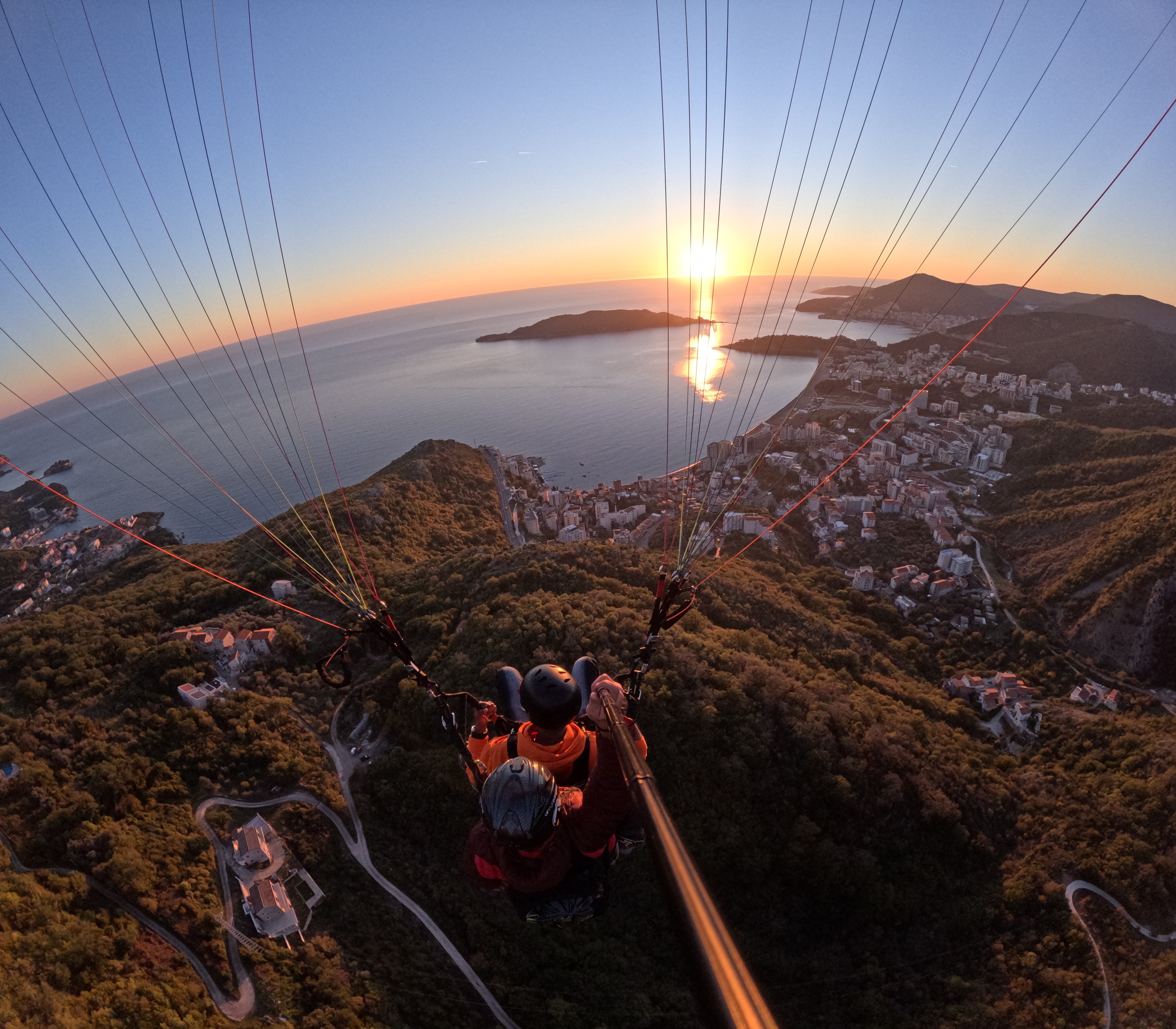 Tandem paragliding flight above Budva, Montenegro